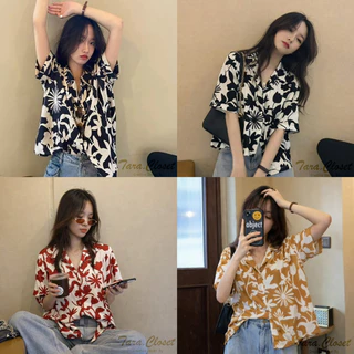 IT049 TARA Hawaii เสื้อเชิ้ตปกฮาวาย ลายดอก แขนสั้น กระดุมหน้า สไตล์เกาหลี เนื้อผ้าไหมอิตาลีพิมพ์ลายอย่างดี