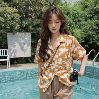 IT049 TARA Hawaii เสื้อเชิ้ตปกฮาวาย ลายดอก แขนสั้น กระดุมหน้า สไตล์เกาหลี เนื้อผ้าไหมอิตาลีพิมพ์ลายอย่างดี