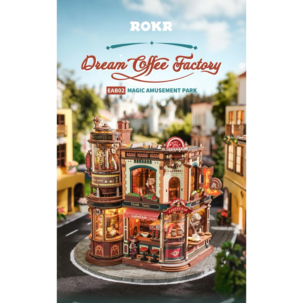 ของเล่นโมเดลประกอบเอง ROKR Dream Coffee Factory EAB02 - Wooden Music Box Model English version [พร้อมส่ง]
