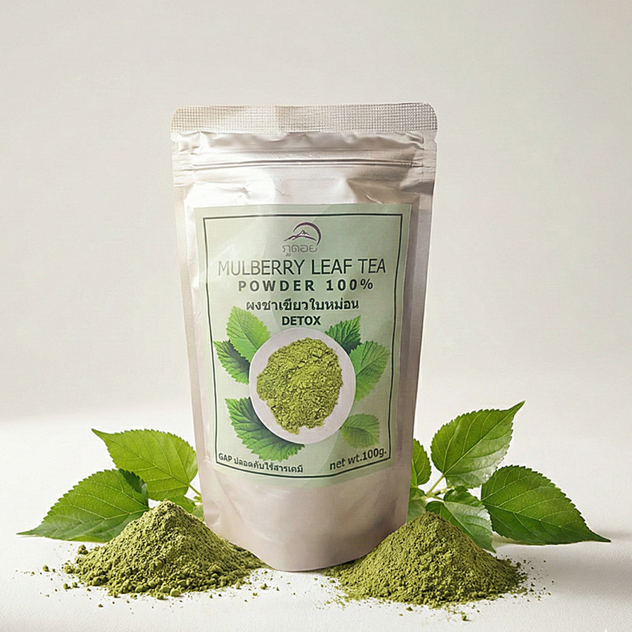 ผงชาใบหม่อน 100% Mulberry Leaf Powder (ภูดอย)ชงดื่มง่าย ชาใบหม่อนผงแท้ ไร้น้ำตาล คุมน้ำตาลในเลือด ชา