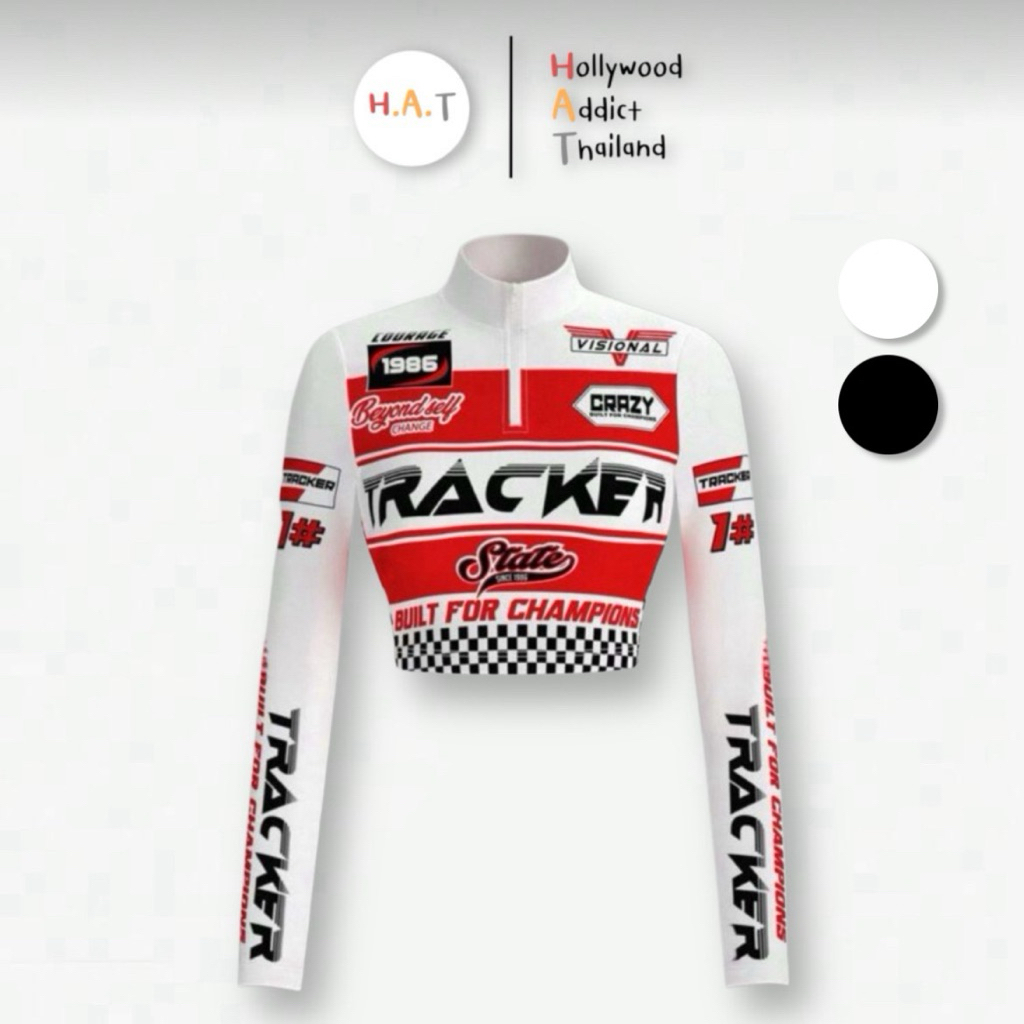 เสื้อครอปแขนยาวสายฝอBiker ซิปหน้า ลายสวยคมชัด สีสดไม่ซีด ผ้าโพลีเอสเทอร์นิ่มใส่สบาย มีไซส์ มีสีดำและขาว