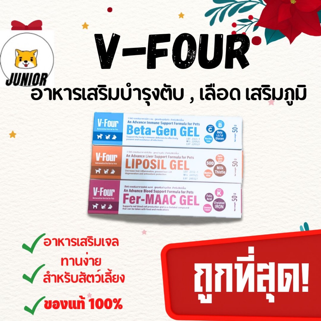 ถูกที่สุด!! V-four อาหารเสริมบำรุงตับ บำรุงเลือด เสริมภูมิคุ้นกัน สุนัข แมว กระต่าย แบบเจล 50g.
