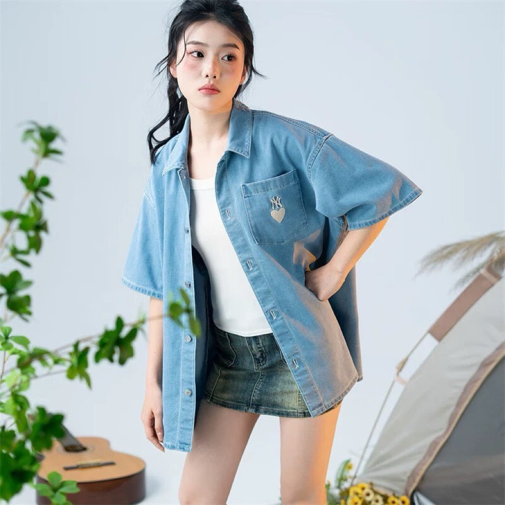 เสื้ิอคอปก MLB denim women shirt heart logo💯