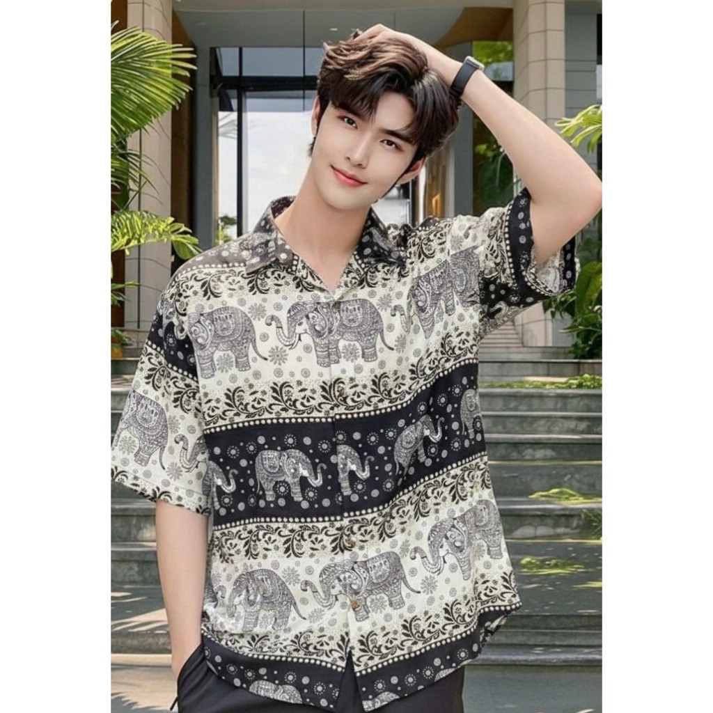 nicha.cnx เสื้อเชิ้ตช้าง เสื้อช้างผ้าเมมเบิร์ต ลายช้าง ใส่ได้ทั้งผู้ชายและผู้หญิง  พร้อมส่ง ของฝาก ของที่ระลึก เชียงใหม่