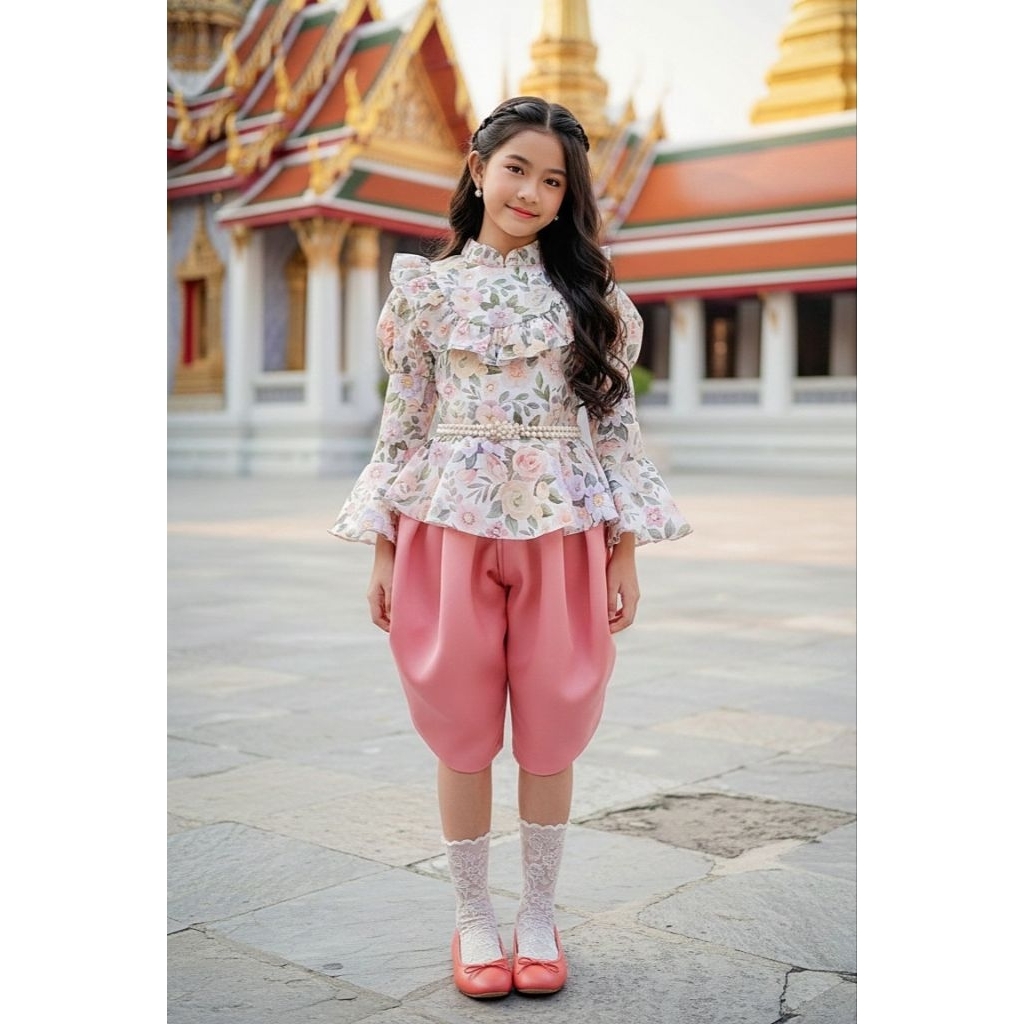 ชุดไทยเด็กผู้หญิง(รุ่นแขนยาวระบายคอ+แขน)
