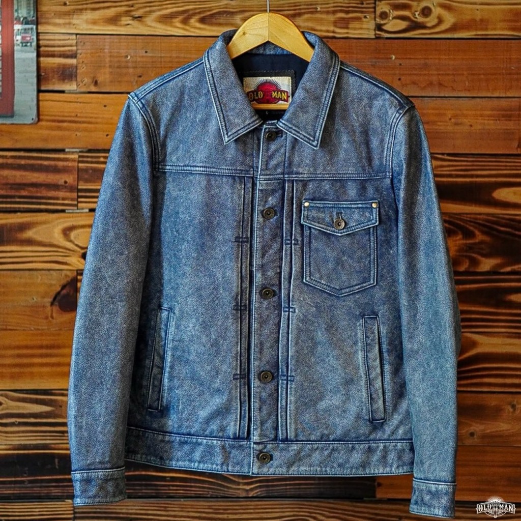 เสื้อหนังรุ่น Iron Biue Jacket แบรนด์ oldman แท้ 100% หนังวัว หรังแท้ สีนำ้เงิน  Black