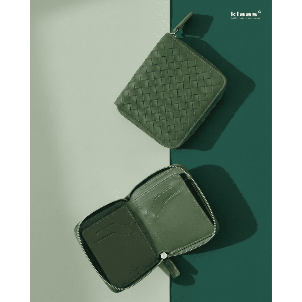05-182 unisex compact zippy wallet กระเป๋าสตางค์สานหนังแท้ กระเป๋าตังค์สานหนังแท้ แบรนด์ k