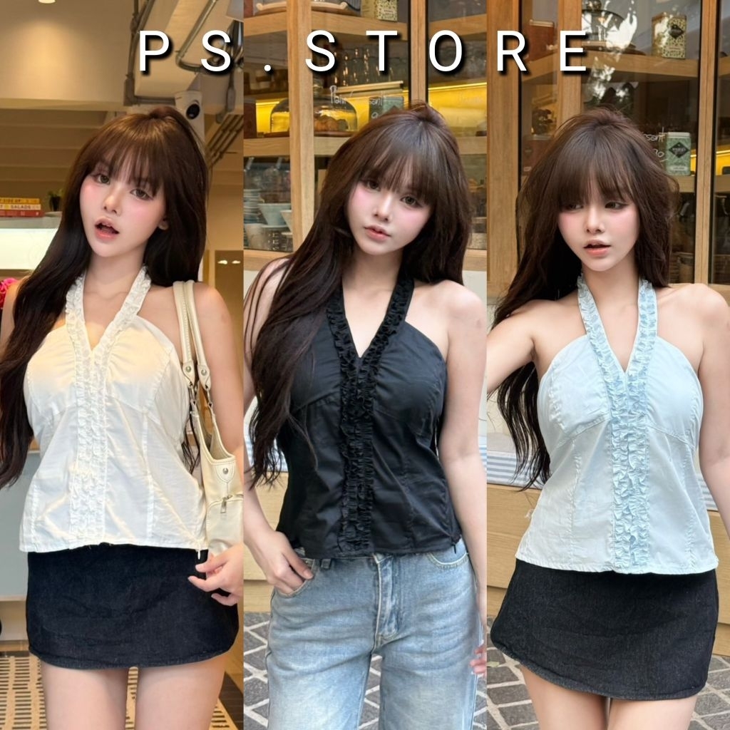 Mili : เสื้อคล้องคอแต่งขอบระบาย งานซิปด้านข้าง ด้านหลังสม็อคครึ่งตัว โชว์หลัง