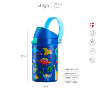 ขวดน้ำเด็ก LULUGA ผู้ชาย กระติกน้ำเด็กเก็บอุณหภูมิระบบสุญญากาศ 18/8 stainless ขนาด 360 ml ดีไซน์ 2in1 หลอดดูดและยกดื่ม