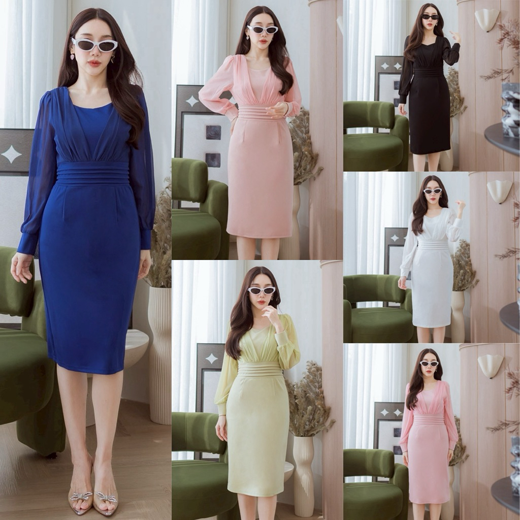 288 เดรสแขนยาวผ้าชีฟอง เย็บแต่งจับจีบรอบเอว (ผ้าเทพ REEYA)