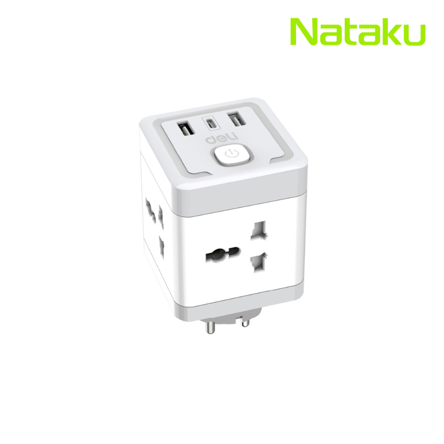 Nataku ปลั๊กแปลงไฟ 3in1 ปลั๊กพ่วงพกพา รองรับ USB Type-C + Type-A ชาร์จเร็ว 2500W