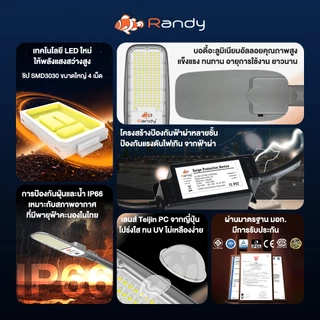 [3FREE1] RANDY ไฟถนน 220Vโคมอลูมิเนียมหล่อขึ้นรูป ทนทาน กันฟ้าผ่า4+10KV แสงแรงประหยัดเงิน ประกัน3ปี
