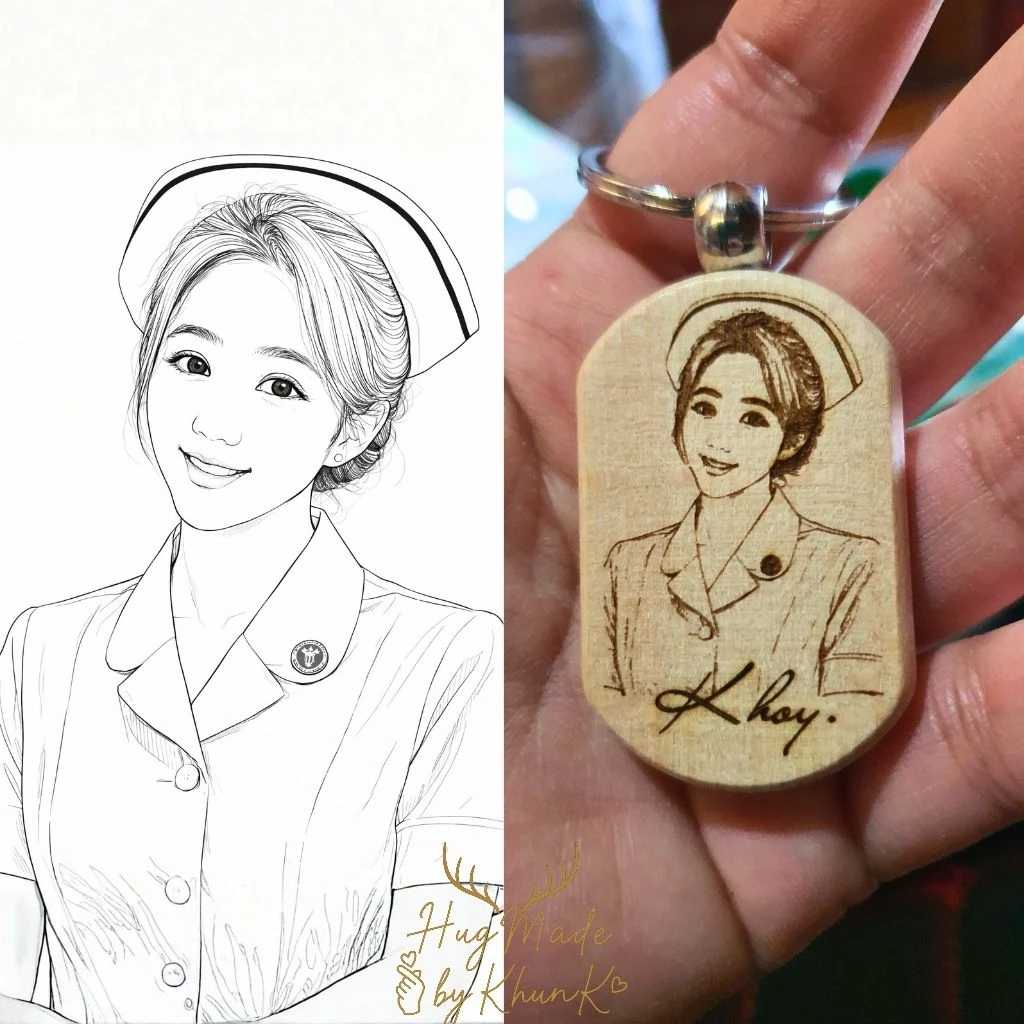 พวงกุญแจไม้สลักเลเซอร์การ์ตูนจากรูปจริง | ใส่ชื่อ/โลโก้ได้ | งานไม้สั่งทำเฉพาะบุคคล | ของขวัญน่ารัก