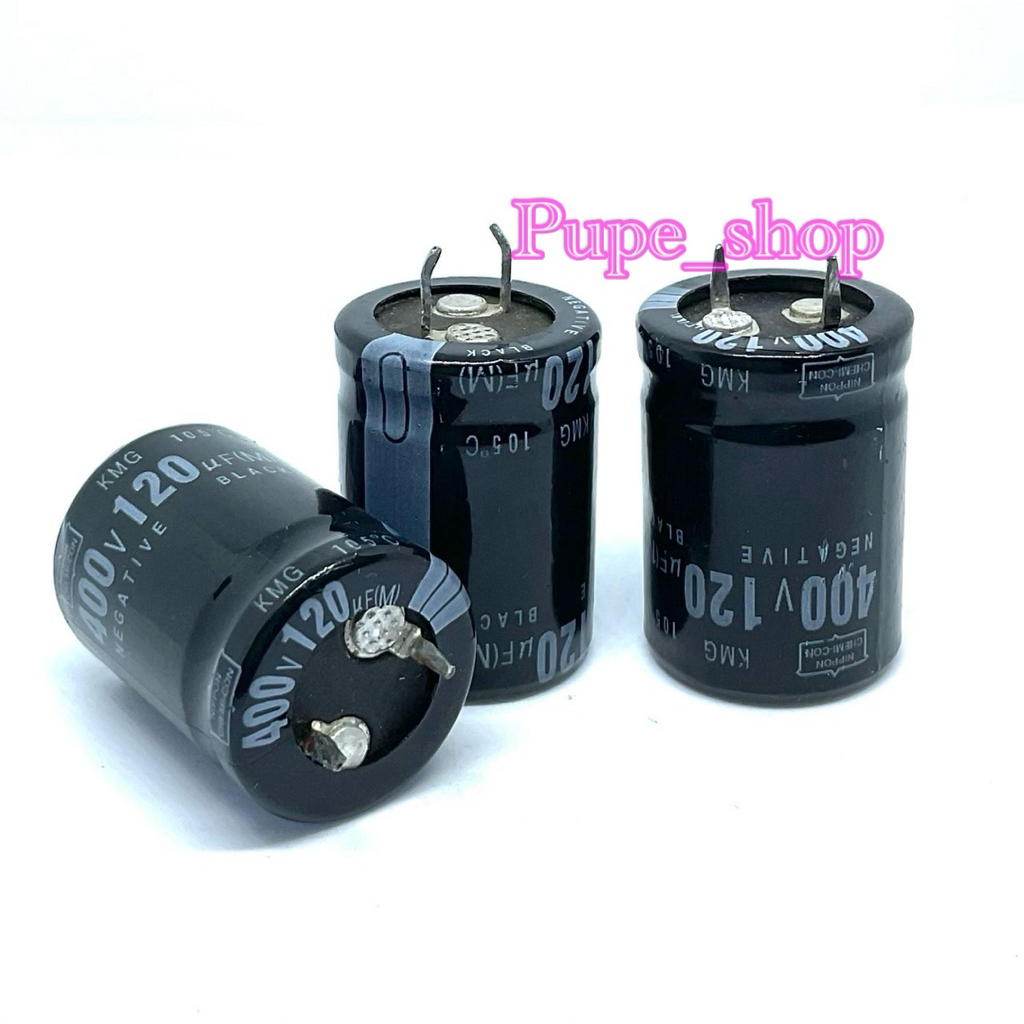 C ขาเขี้ยว 120uF400V กว้าง22mm สูง30mm 105Cองศา ยี่ห้อ NIPPON CAPA คาปา เก็บประจุ