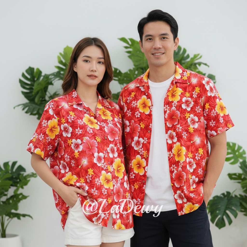 งานไทย เสื้อลายดอก เสื้อสงกรานต์ 6สี 7ไซส์ สีสันสดใส เชิ้ตฮาวาย Hawaiian Shirt HW286 รูปที่ 4