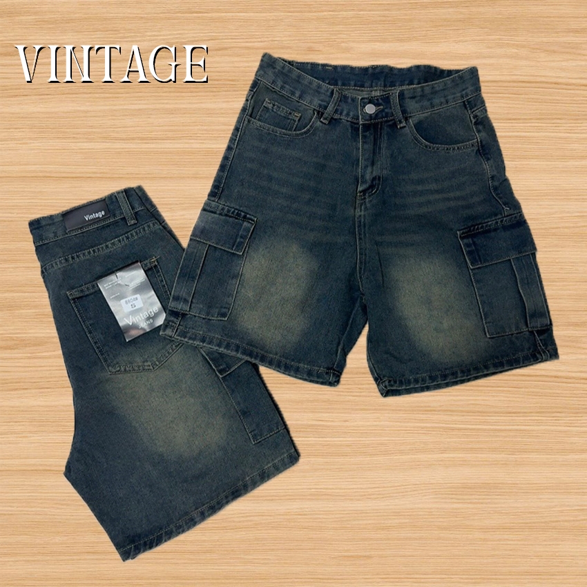Vintage รุ่น 8804 กางเกงยีนส์ ขาสั้น คาร์โก้ แต่งเฟดขา ทรงสวย ผ้าไม่ยืด กระเป๋าตรง 2 ใบ