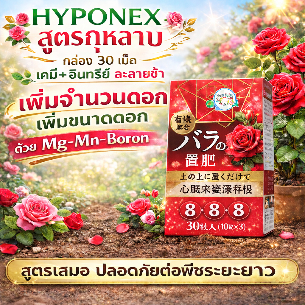ปุ๋ยกุหลาบ เร่งดอกใหญ่ ดอกดก แบบเม็ดวางในกระถาง Hyponex  สูตรเสมอ 8-8-8+organic/TE ปลอดภัยต่อดิน