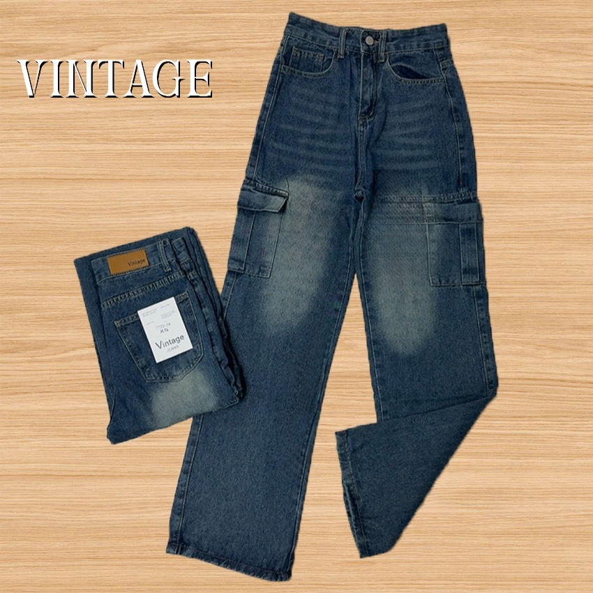Vintage รุ่น #7720-2 กางเกงยีนส์ คาร์โก้ ทรงกระบอก แต่งเฟดขา ทรงสวยผ้าไม่ยืด กระเป๋าตรง 2 ใบ