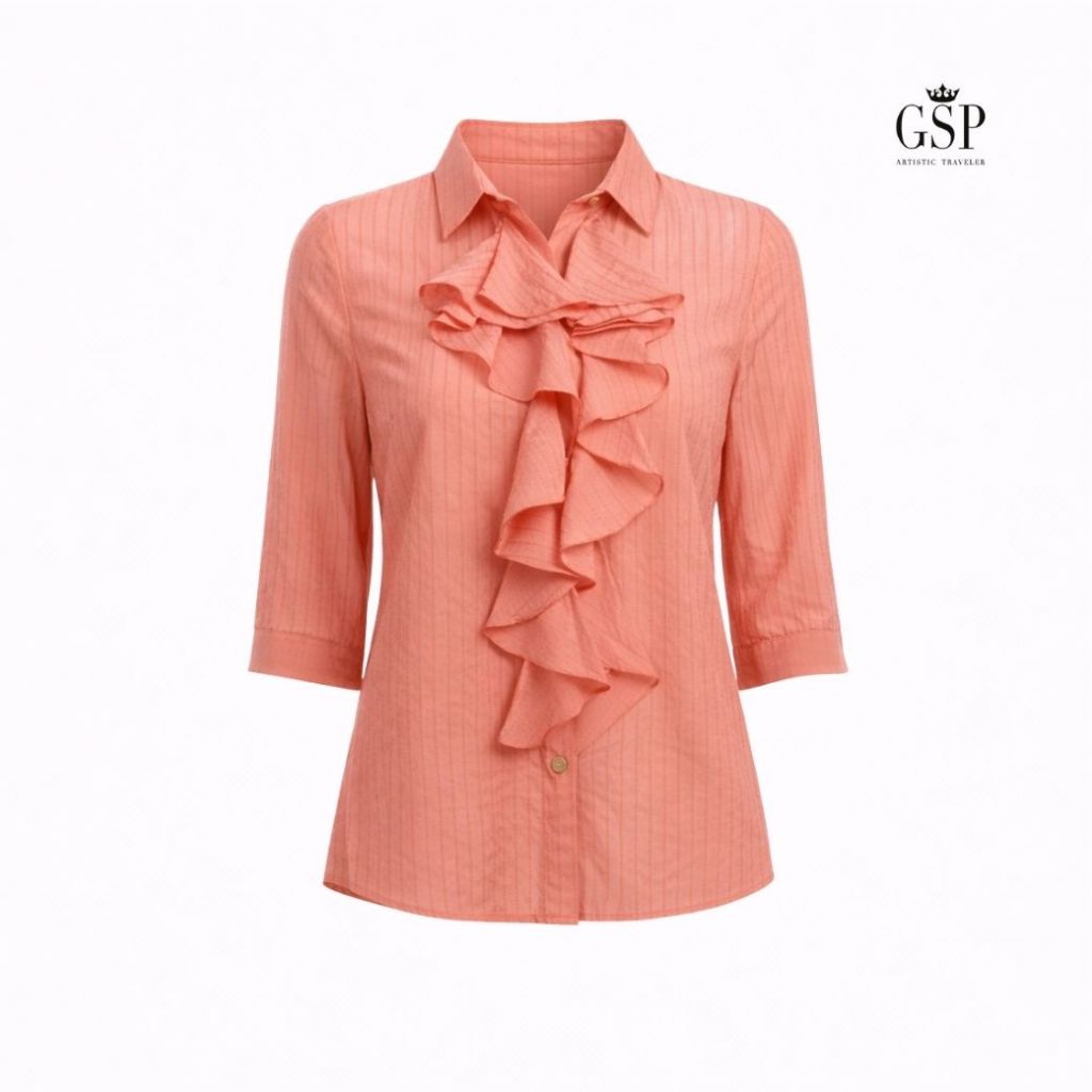 GSP แขนสั้น,เสื้อเบลาส์ คอปกมีระบาย สีส้ม SQ2GOR