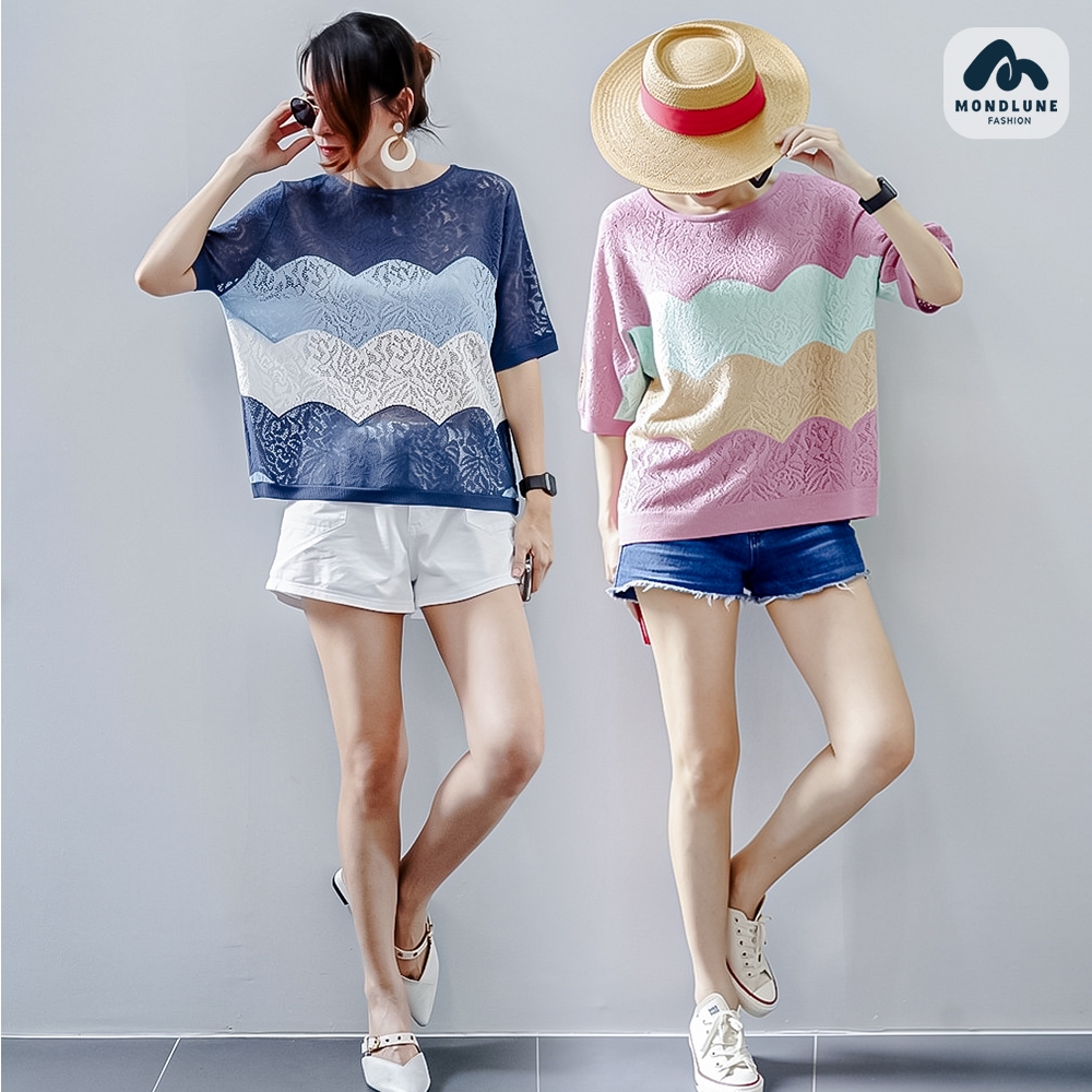 #1288 MondLune เสื้อเบลาส์คอกลมคาร์ดิแกน แขนสั้นในตัว ผ้าไหมพรมบาง ทอลายสลับสี