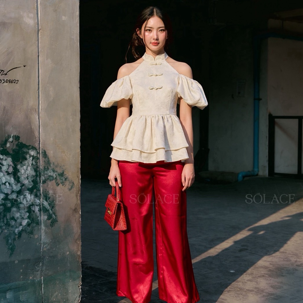 SOLACE – PEARL (SL692) เสื้อคอจีนแต่งกระดุมหน้าดีไซน์โมเดิร์นกับกางเกงเอวสูงทรงขากว้าง