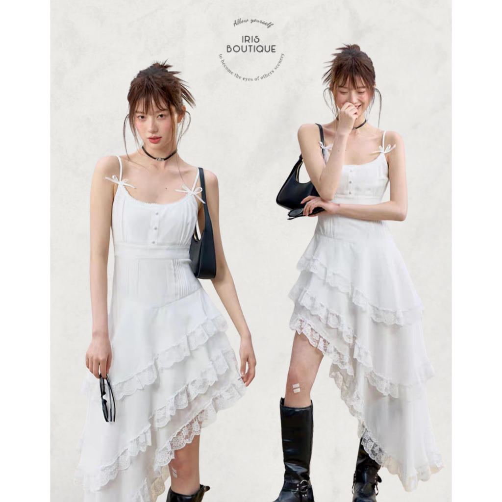 IRIS BOUTIQUE 26ss New collection ID2487 Layered Ruffle Dress เดรสสายเดี่ยวโทนขาวดีไซน์กระโปรงเลเยอร์ซีทรูแต่งลูกไม้
