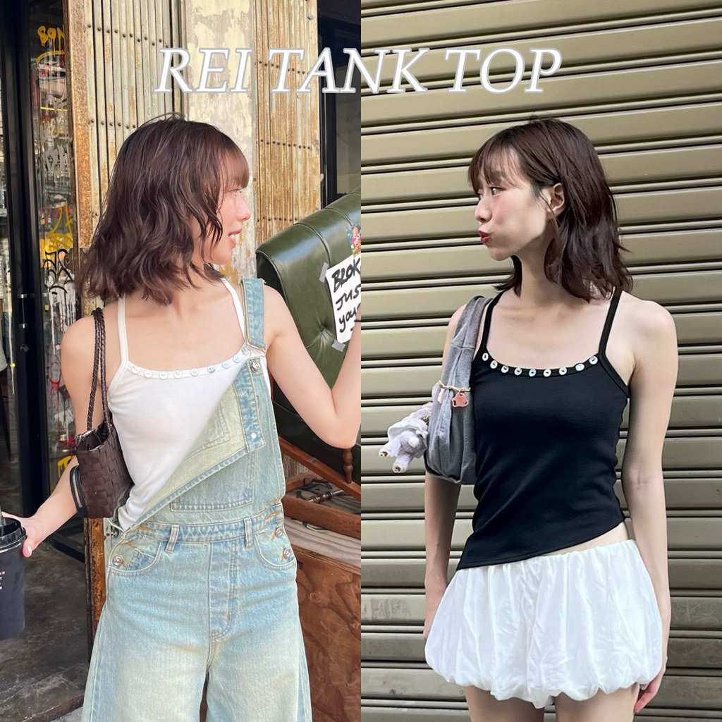 REI TANK TOP- เสื้อกล้ามดีเทลปลายเฉียง แต่งกระดุมเปลือกหอย (nita.bkk)