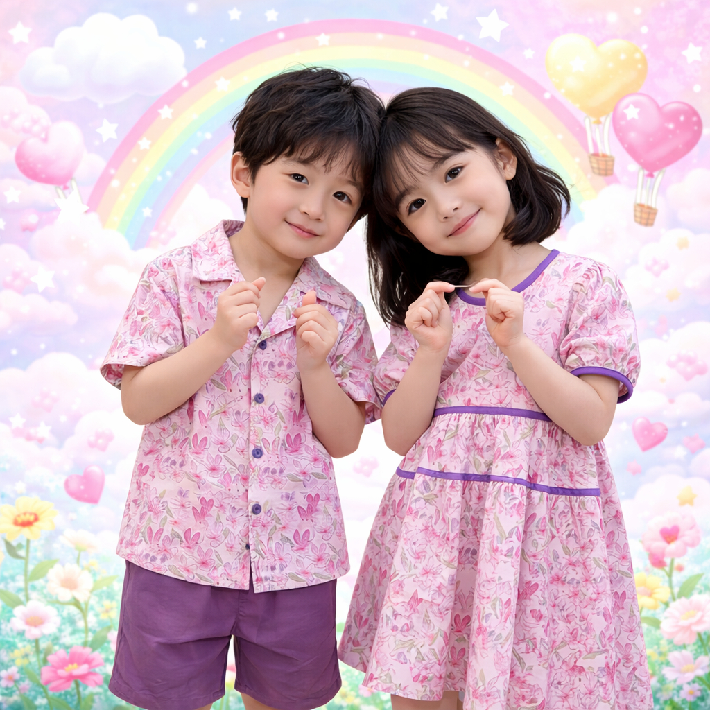 BB204 ชุดเด็กคู่ชายหญิง ลายดอกไม้ สีชมพูม่วง เสื้อเชิ้ตเด็ก กางเกงขาสั้น + เดรสเด็ก ใส่สบาย