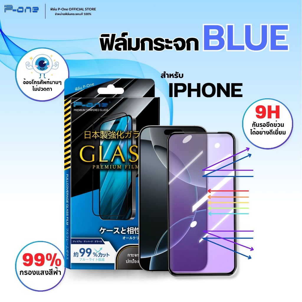 [🇯🇵P-One] ฟิล์มกระจก iPhone ตัดแสงสีฟ้า ถนอมสายตา 17 16 15 14 13 12 11 Pro Max Plus Mini 8 7 Xr Se