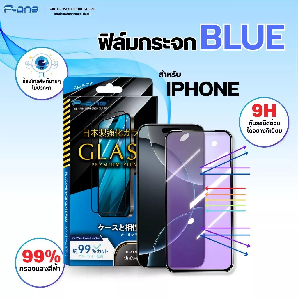 [🇯🇵P-One] ฟิล์มกระจก iPhone ตัดแสงสีฟ้า ถนอมสายตา 18 18Pro 18Promax 17 16 15 14 13 12 11 Pro Max