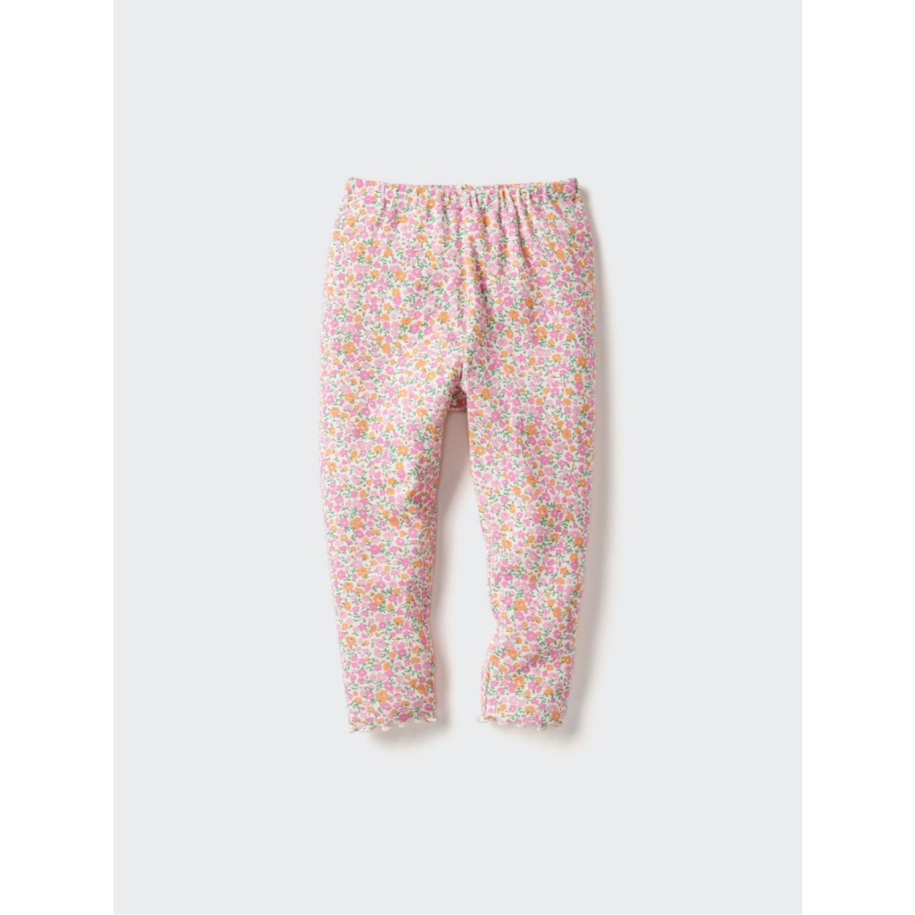 Uniqlo เลกกิ้ง ทรงหลวม ผ้าร่อง ลายดอกไม้ สีชมพูเข้ม ไซด์ 80 - 110
