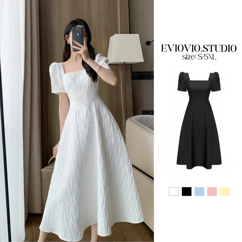 【EVIOVIO】S-5XL เดรสยาว คอเหลี่ยม สไตล์ฝรั่งเศส เรียบหรูมีสไตล์ ช่วยพรางหุ่น สำหรับสาวอวบ พลัสไซส์