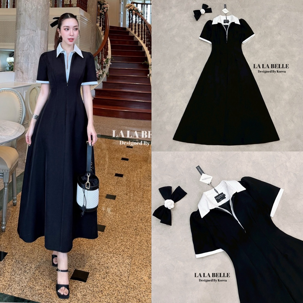 เดรสยาวสีดำคอปกเชิ้ตสีขาว เดรสขาวดำ Lalabelle