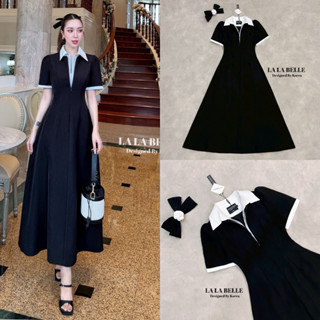 เดรสยาวสีดำคอปกเชิ้ตสีขาว เดรสขาวดำ Lalabelle