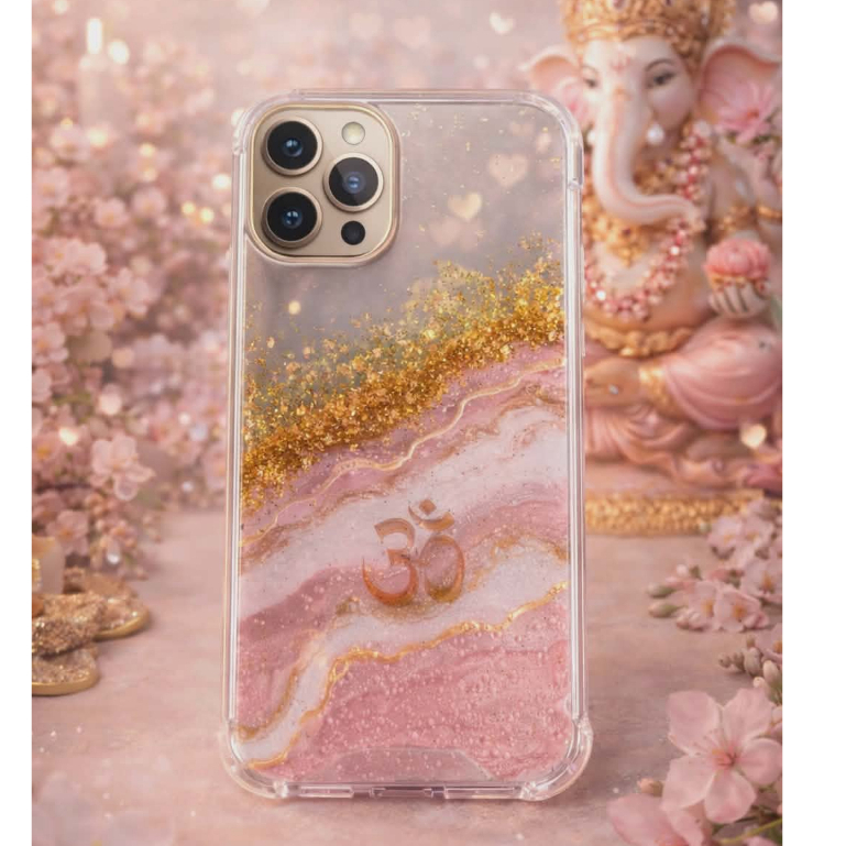 เคสมือถือลายหินอ่อนโทนชมพูตกแต่งกลิตเตอร์และแผ่นทองพร้อม เครื่องหมายโอม