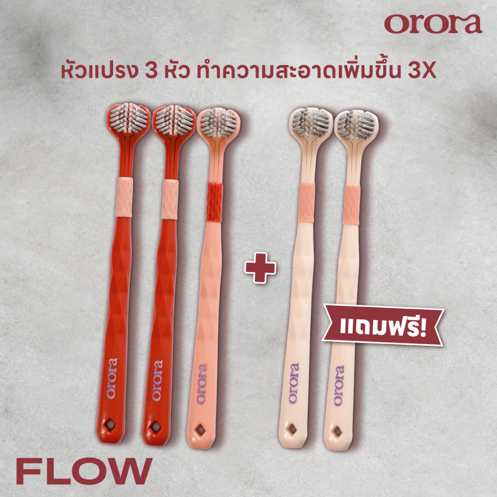 [ 3 แถม 2 🔥 ] Orora แปรงสีฟัน ออโรร่า รุ่น Flow แปรงสีฟัน 3 หัว ขนนิ่ม Super soft เทคโนโลยี Dynamic Clean สะอาดล้ำลึก