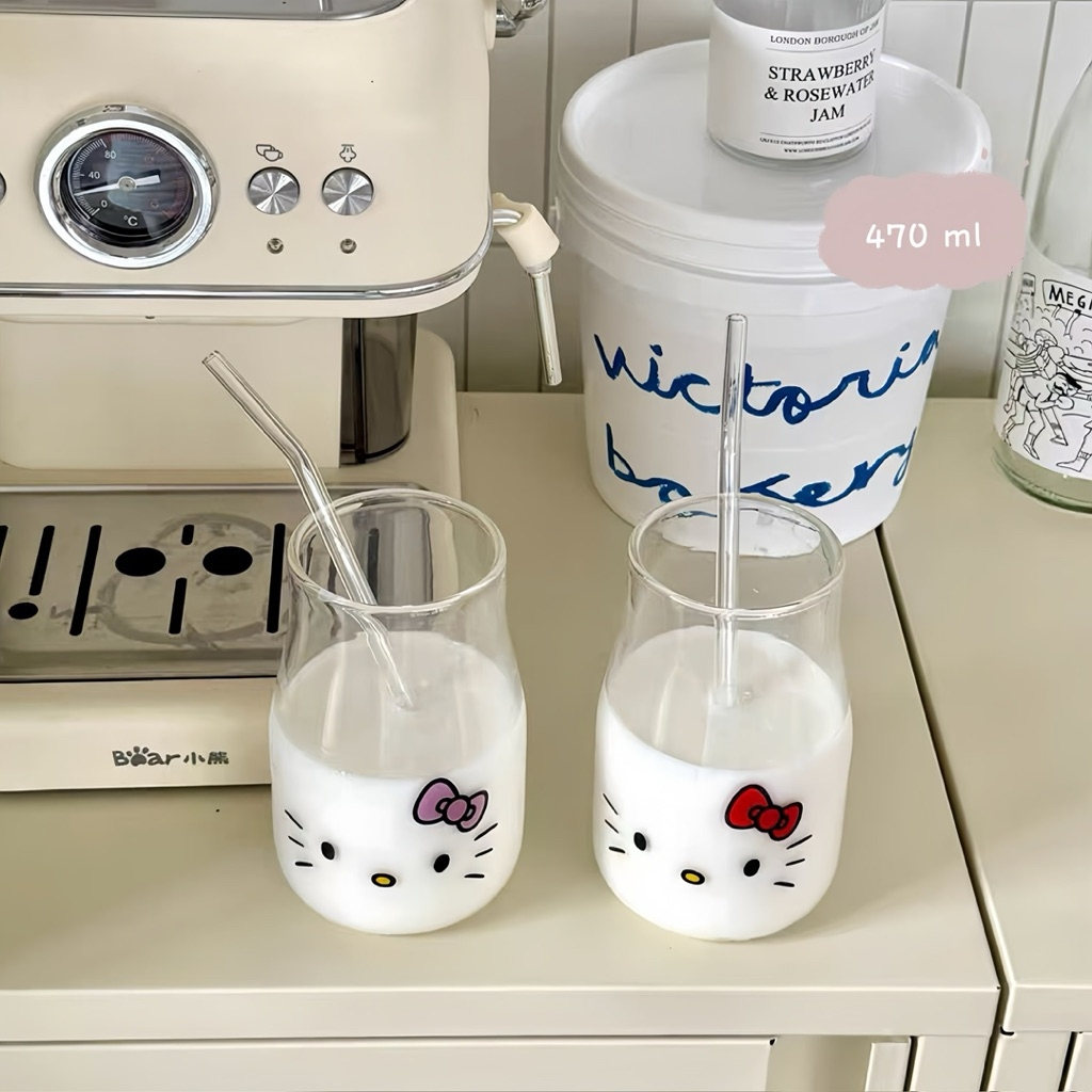 แก้วน้ำ พร้อมหลอด ลายคิตตี้น่ารัก 470 ml วัสดุแก้ว ใส่ร้อนและเย็น พร้อมส่ง