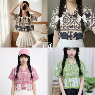 A No.1shop เสื้อฮาวายครอปทรงBoxy ลายช้าง ผ้าไหมญี่ปุ่น ผ้านุ่ม ใส่สบายไม่ต้องรีด แมตช์กับกางเกงอีกตะกร้า