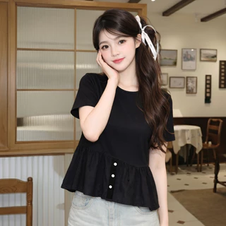 EVIOVIO【S-5XL】💫เสื้อยืดคอกลมดีไซน์ทูโทนที่ผสมผสานเสื้อยืดเข้ากับชายผ้าฉลุลายดอกไม้ ช่วยพรางหุ่น พร้อมส่งในไทย👜🎉
