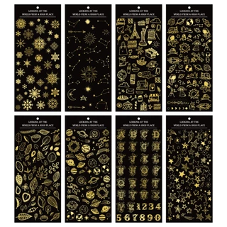 [พร้อมส่ง] สติกเกอร์ DIY สีทอง ลาย ดวงดาว ราศี อวกาศ หิมะ ตัวอักษร ใบไม้ PET Gold Sticker World Space Snowflake Letters