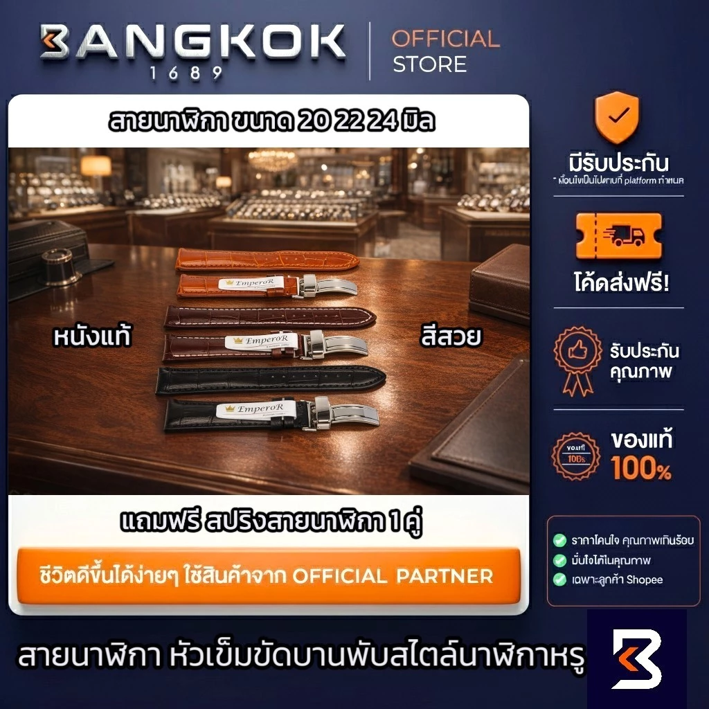 EMPEROR สายหนังแท้ลายจระเข้ แบบบานพับ ขนาด 20/22/24 มิล
