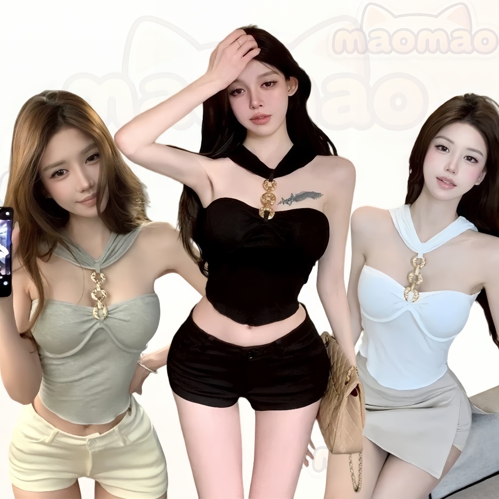 Maomao​💜พร้อมส่ง🌟 เสื้อเกาะอก+สายคล้องคอ มีฟองน้ำ คร็อปต็อป สีพื้น เซ็กซี่ เสื้อคล้องคอ FY927#1