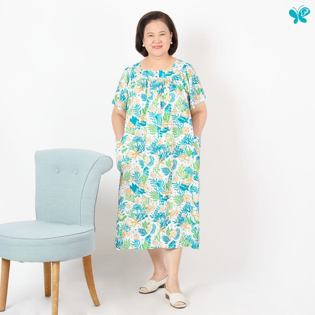 ชุดเดรสผู้สูงอายุ/คุณแม่ให้นม Margareta Dress - Les Poissons ซิปยาวด้านหน้ามีกระเป๋า (Signora Series/Silver Age Fashion)