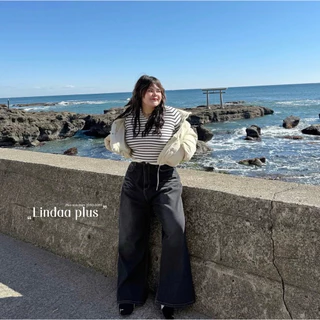 LindaaPlus-- กางเกงยีนส์สาวอวบ ขากระบอกใหญ่พิเศษรุ่น buggy jeans ดีเทลพ่นยับช่วงเอวด้านหน้า