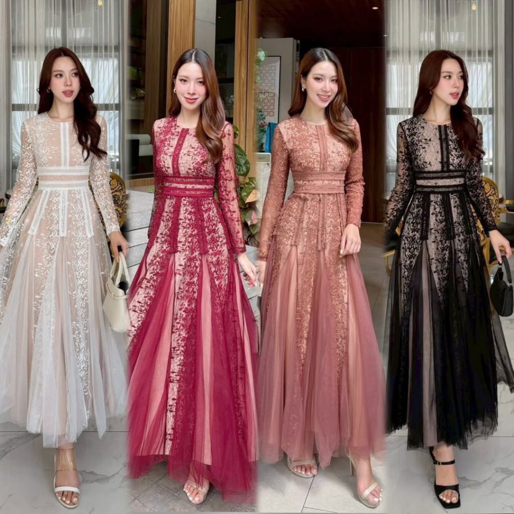 พร้อมส่ง7สี เดรสลูกไม้ดำสวยสง่า S-2XL Maxi Dress เดรสสีดำแขนยาวผ้าปักลูกไม้สลับซีทรู งานป้าย