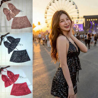 💕ShopBypuy💕ชุดเซ็ตวิ้งๆเกร็ดกลิตเตอร์สุดเซ็กซี่เสื้อแหวกหน้า+กระโปรง