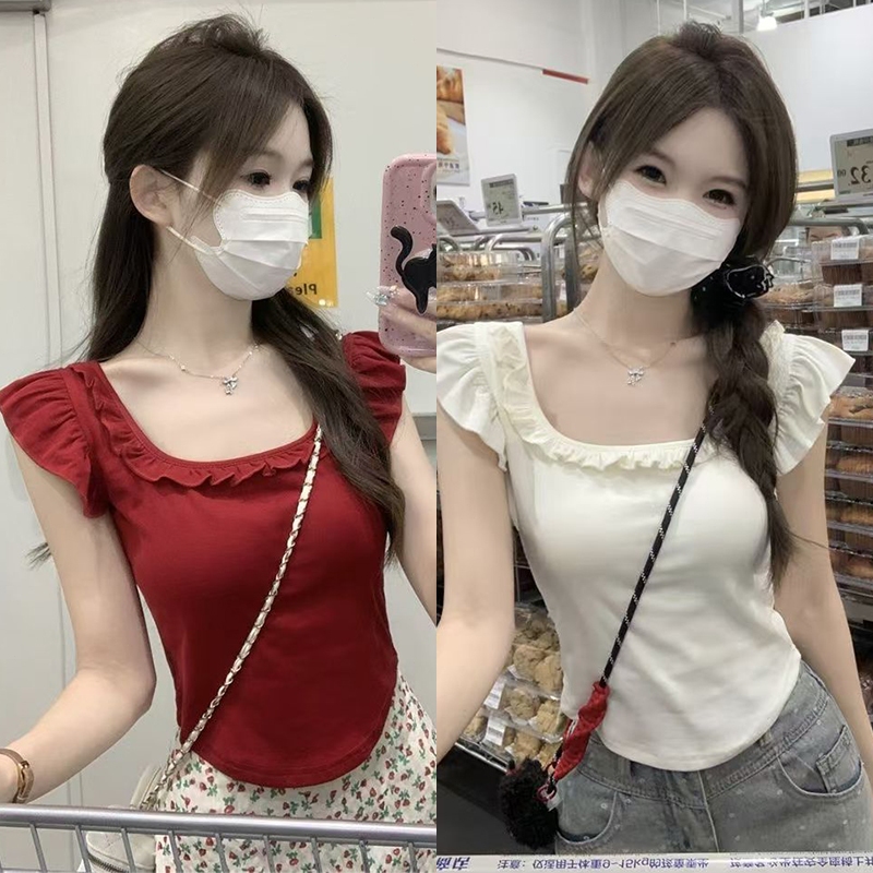 เสื้อสตรีแขนสั้น ดีไซน์ชายเสื้อย่น ประดับลูกไม้ ดีไซน์เปิดหลังผูกโบว์ ไซซ์ M-3XL ส่งเร็ว ทรงรัดรูป ผ้ามีความยืดหยุ่น