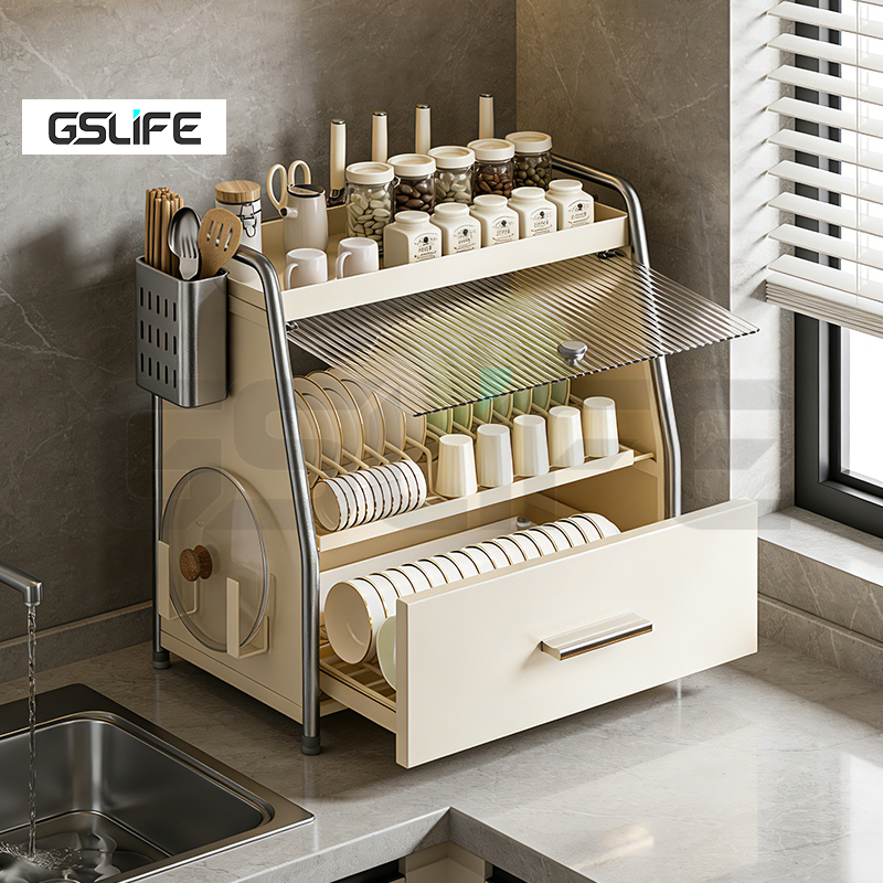 GSlife ตู้วางจาน ชั้นเก็บจาน พร้องถาดรองนน้ำ กันสนิม กันฝุ่น ชั้นวางของในครัว