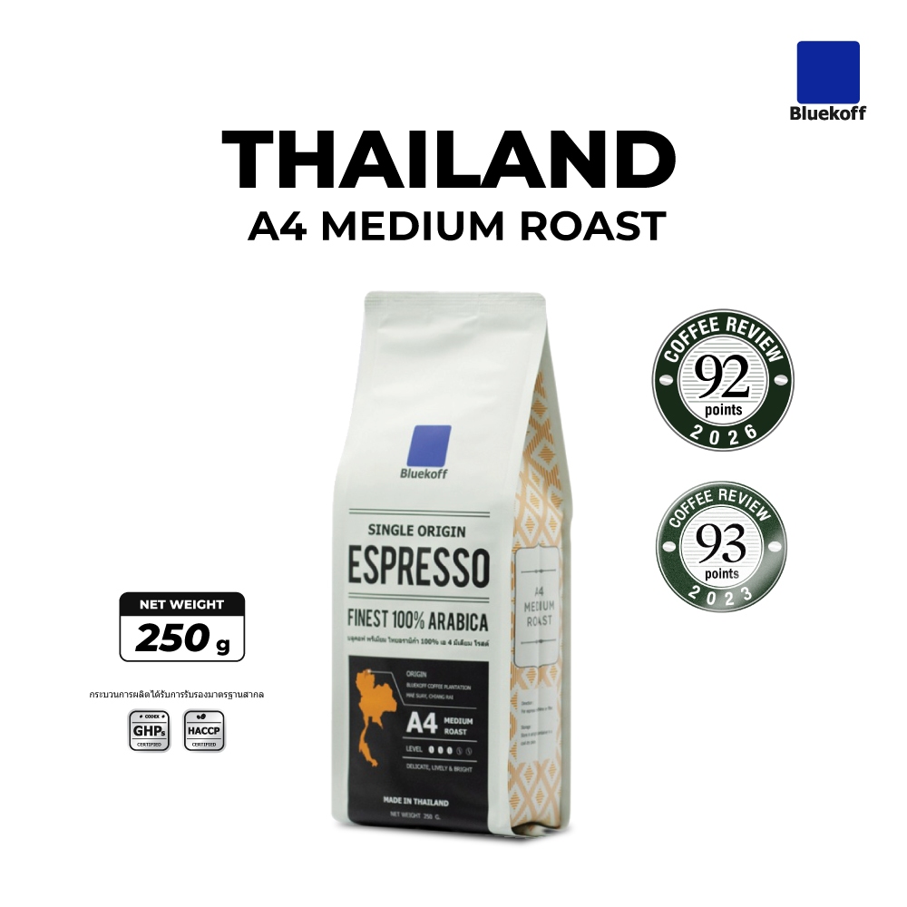 Bluekoff A4 เมล็ดกาแฟไทย อราบิก้า 100% Premium เกรด A คั่วกลาง (Medium Roast) บรรจุ 250 กรัม