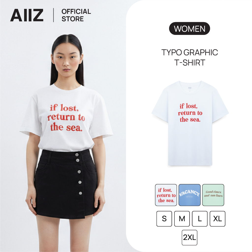 AIIZ เสื้อยืดคอกลมผู้หญิง พิมพ์ลายกราฟิกตัวหนังสือ